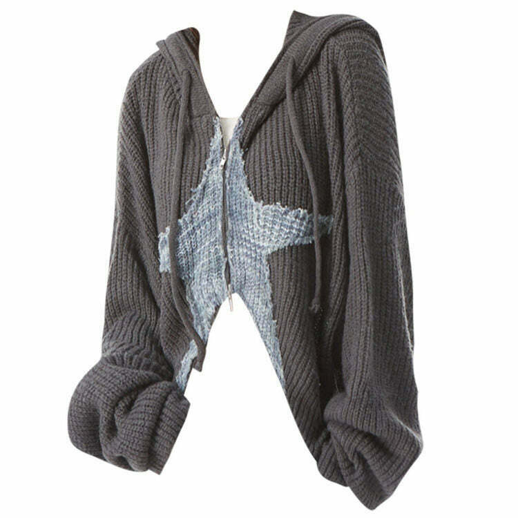 Star Girl Aesthetic Zip Up Knit Hoodie - Y2K Grunge Top for Trendy Alt Fashion Lovers