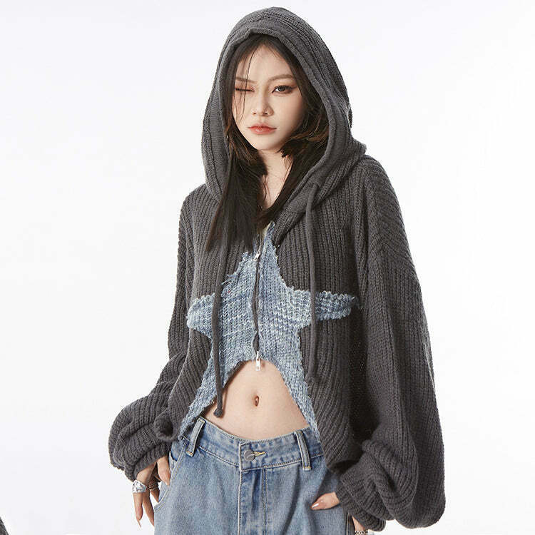 Star Girl Aesthetic Zip Up Knit Hoodie - Y2K Grunge Top for Trendy Alt Fashion Lovers