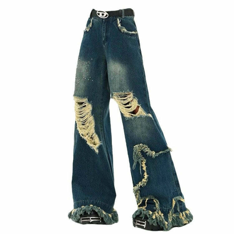 Star Girl Destroyed Jeans - Y2K Grunge Style for Trendy Street Fashion Enthusiasts