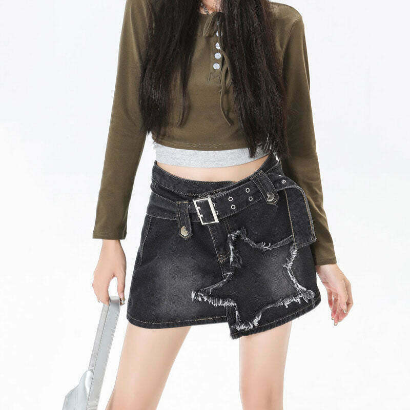 Star Girl Fishtail Denim Skirt - Trendy Y2K Style with Stars & Plaid Design