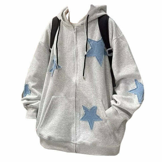 Star Patch Aesthetic Zip Up Hoodie - Y2K Grunge Fashion & Rave Outfit Essential