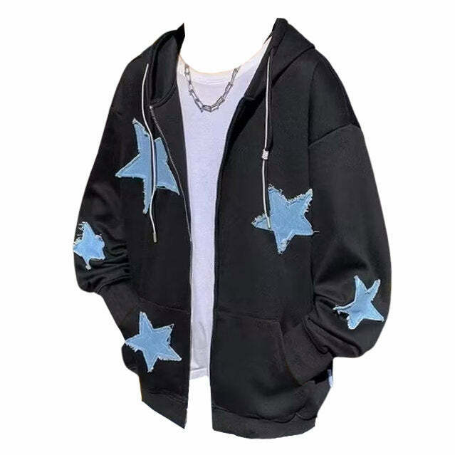 Star Patch Aesthetic Zip Up Hoodie - Y2K Grunge Fashion & Rave Outfit Essential