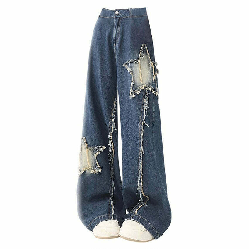 Star Patch Wide Leg Jeans for Y2K Fashion: Trendy Grunge & Rave Style Pants