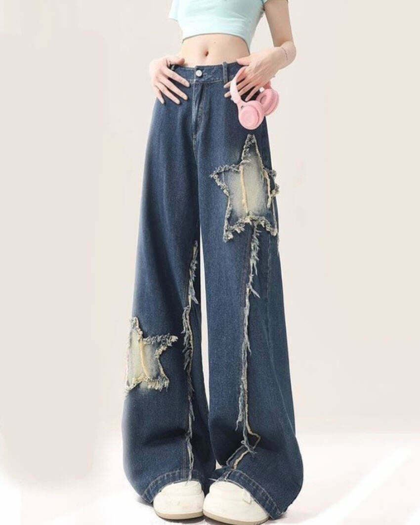 Star Patch Wide Leg Jeans for Y2K Fashion: Trendy Grunge & Rave Style Pants