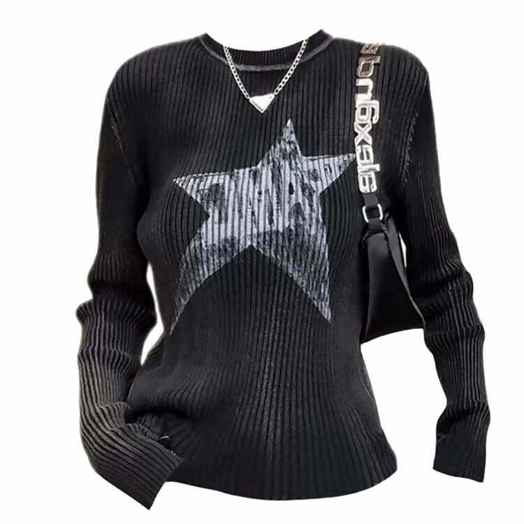 Star Print Ribbed Long Sleeve Top - Trendy Y2K Style for Retro Fashion Enthusiasts