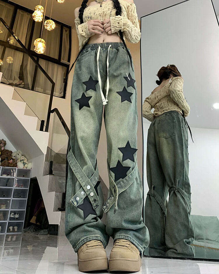 Stargirl Aesthetic Star Patch Jeans - Trendy Y2K Fashion for a Retro Look