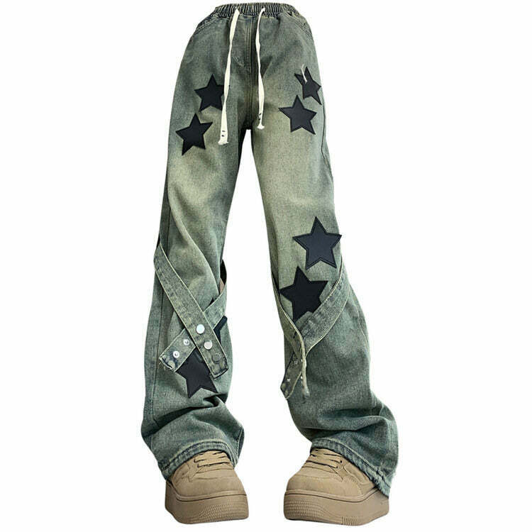 Stargirl Aesthetic Star Patch Jeans - Trendy Y2K Fashion for a Retro Look