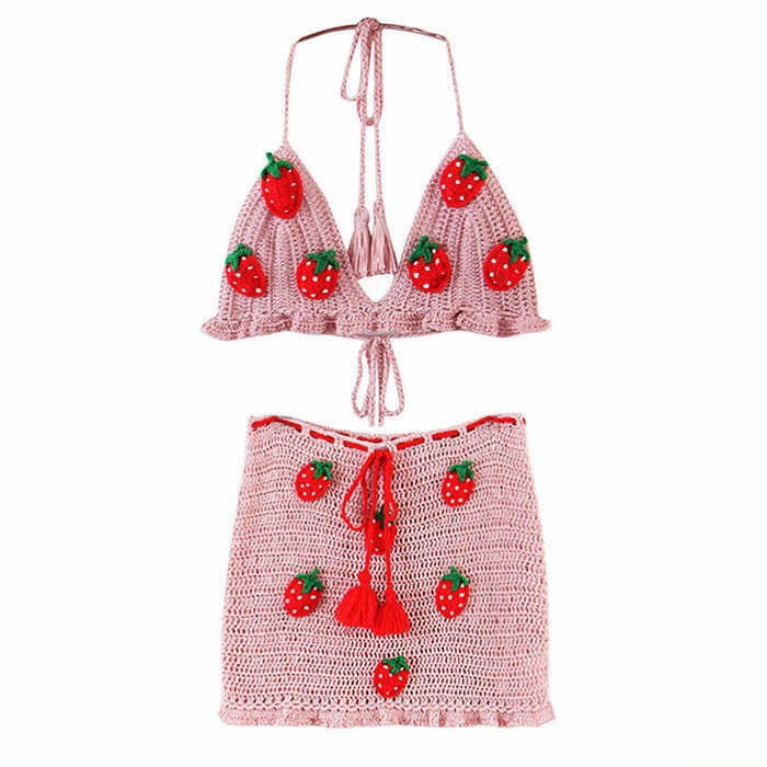 Strawberry Crochet Top & Skirt Co-Ord Set - Y2K Style Summer Fashion for Trendy Looks