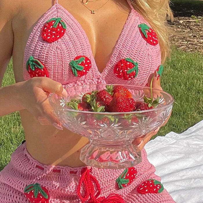 Strawberry Crochet Top & Skirt Co-Ord Set - Y2K Style Summer Fashion for Trendy Looks