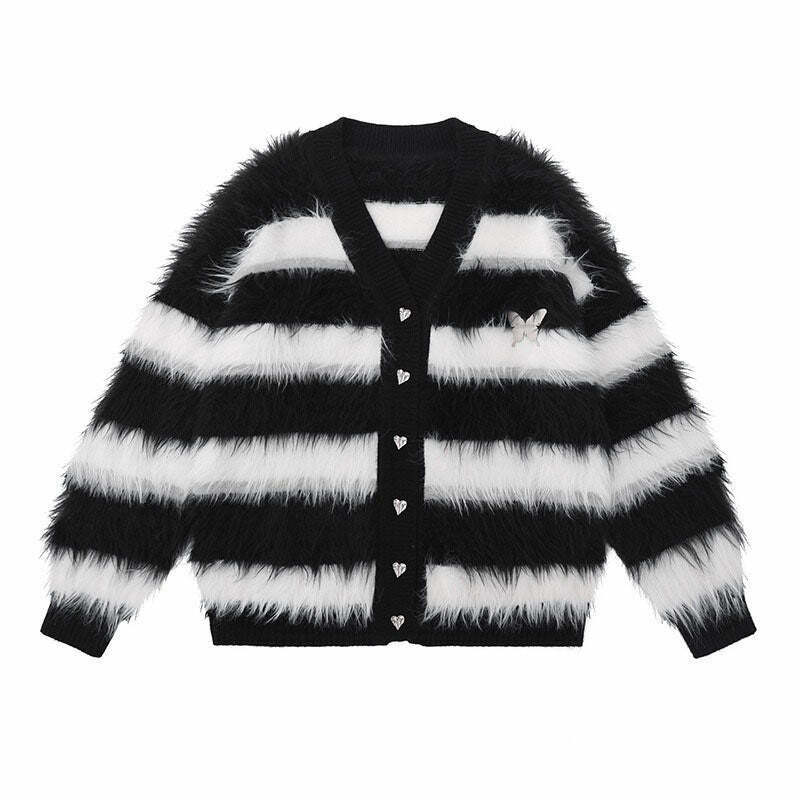 Striped Fuzzy Butterfly Cardigan - Trendy Y2K Fashion for a Stylish Baggy Look