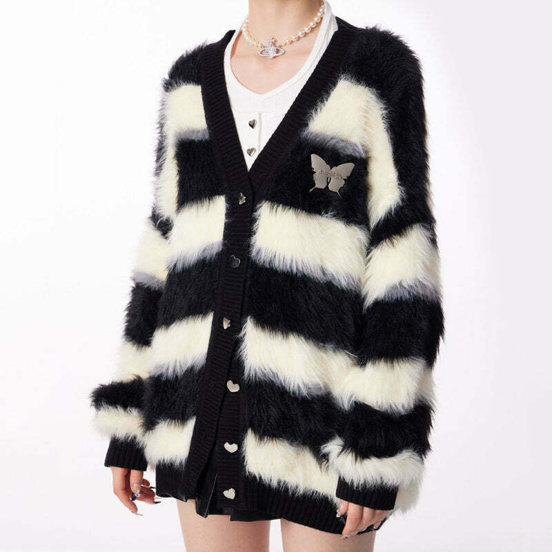 Striped Fuzzy Butterfly Cardigan - Trendy Y2K Fashion for a Stylish Baggy Look