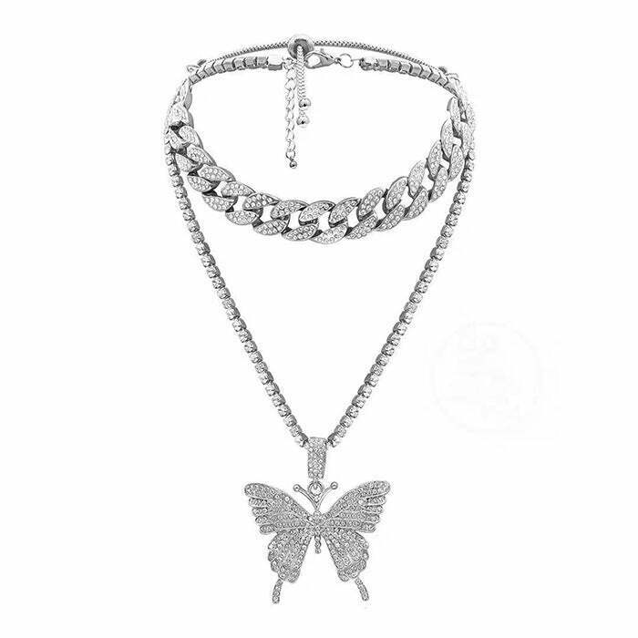 Stunning Butterfly Rhinestone Layered Necklace - Y2K Fashion Statement Accessory