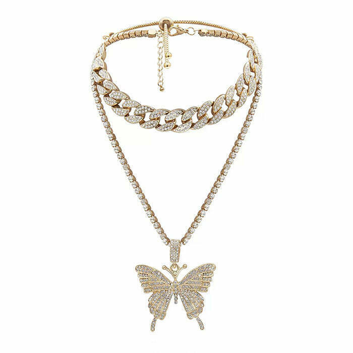 Stunning Butterfly Rhinestone Layered Necklace - Y2K Fashion Statement Accessory