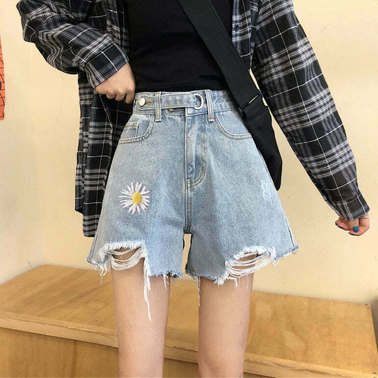 Stylish Daisy Denim Shorts with Rhinestone Fringe and Flare - Trendy Patchwork Design