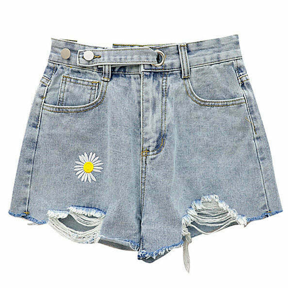 Stylish Daisy Denim Shorts with Rhinestone Fringe and Flare - Trendy Patchwork Design