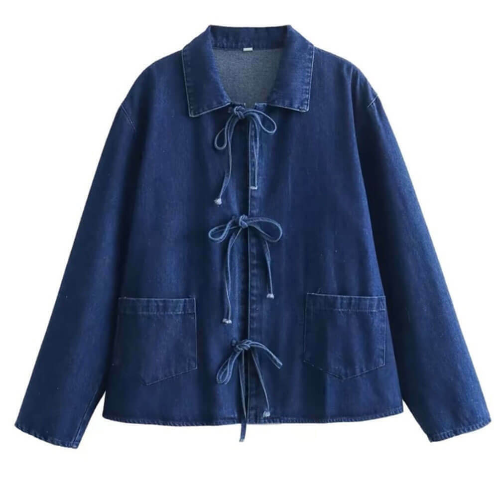 Stylish Denim Shirt with Bow Closure - Y2K Grunge Fashion & Vintage Embroidered Design