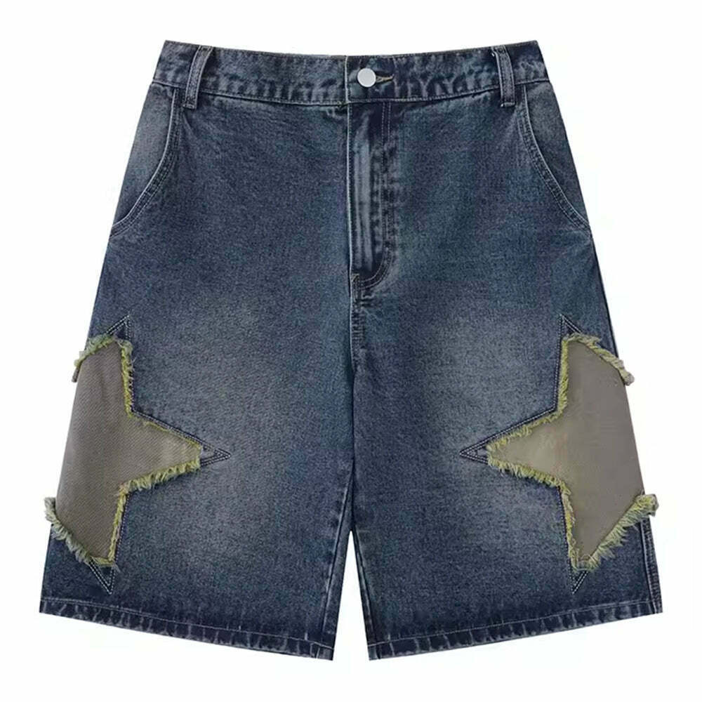 Stylish Star Patch Denim Shorts with Rhinestone Fringe and Flare Design for Trendy Looks