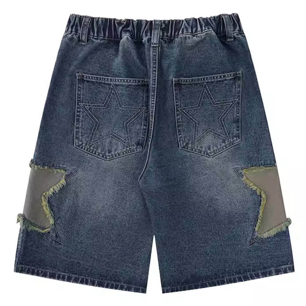 Stylish Star Patch Denim Shorts with Rhinestone Fringe and Flare Design for Trendy Looks