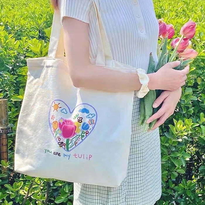 Stylish Tulip Embroidery Tote Bag for Y2K Aesthetic and Summer Outfits