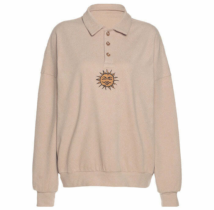 Sun Embroidery Button Up Sweatshirt - Trendy Y2K Skater Fashion for 2024 Style