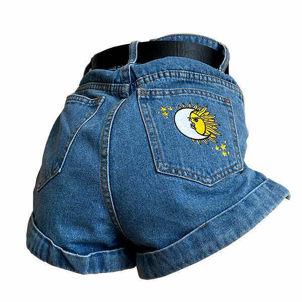 Sun & Moon Embroidered Shorts for Y2K Style - Trendy Mens & Kids Fashion Essentials