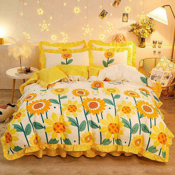 Sunflowers Aesthetic Bedding Set for a Grunge Y2K Room - Retro Style Bedding Collection