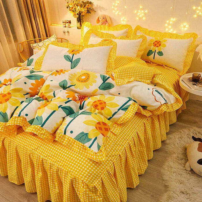 Sunflowers Aesthetic Bedding Set for a Grunge Y2K Room - Retro Style Bedding Collection