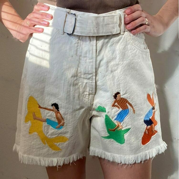 Surfing and Sharks Embroidery Shorts - Trendy Y2K Style for Ultimate Summer Vibes