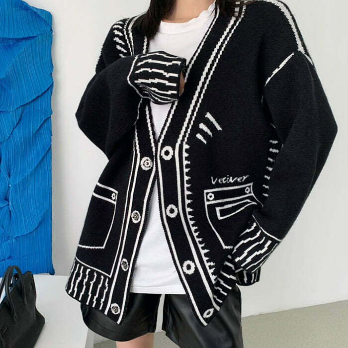 Trendy 2D Cartoon Outline Knitted Cardigan for Y2K Fashion Lovers - Cute & Stylish Outfits