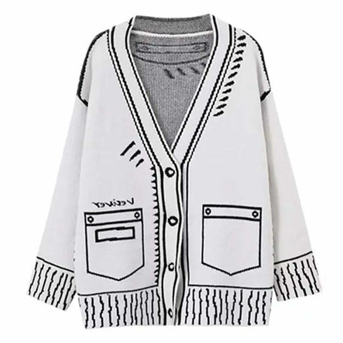 Trendy 2D Cartoon Outline Knitted Cardigan for Y2K Fashion Lovers - Cute & Stylish Outfits