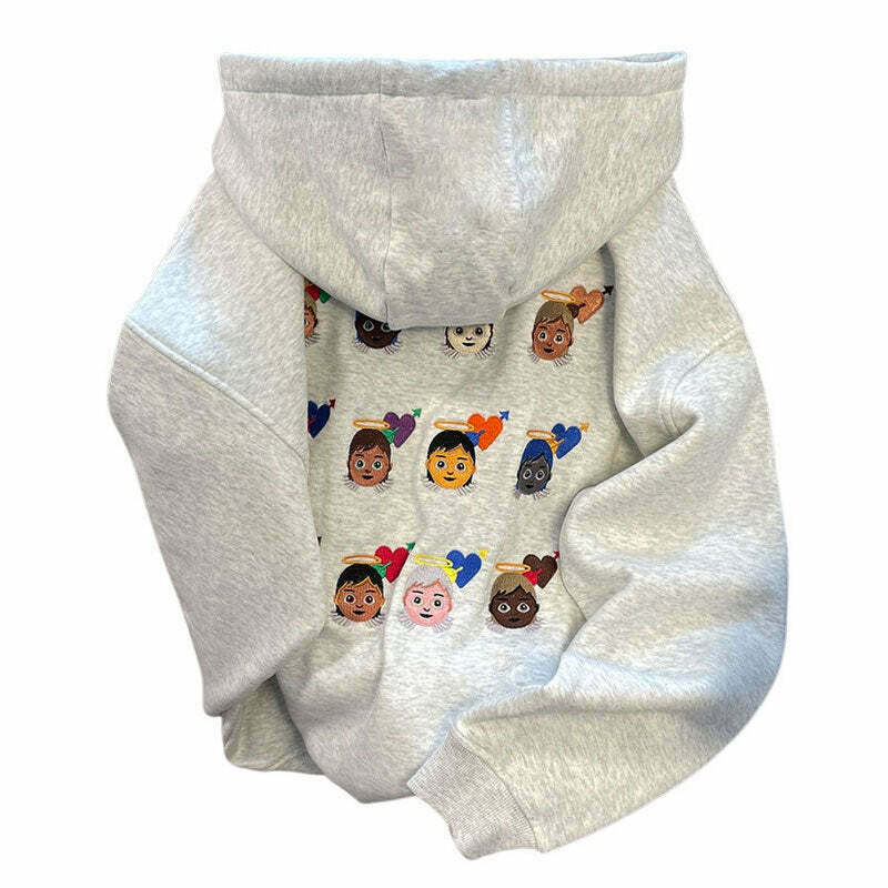 Trendy Angel Emoji Embroidery Hoodie - Y2K Fashion Essential for Stylish Outfits