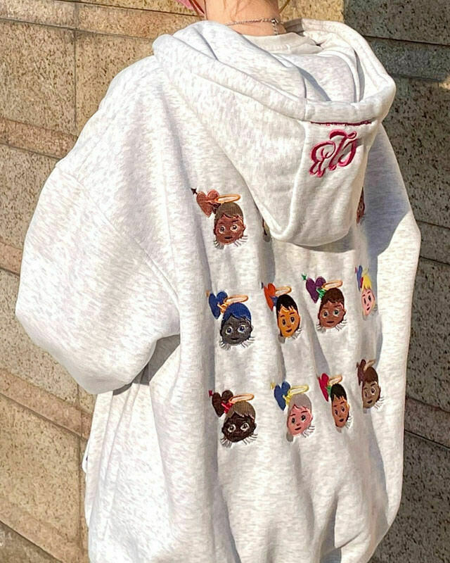 Trendy Angel Emoji Embroidery Hoodie - Y2K Fashion Essential for Stylish Outfits