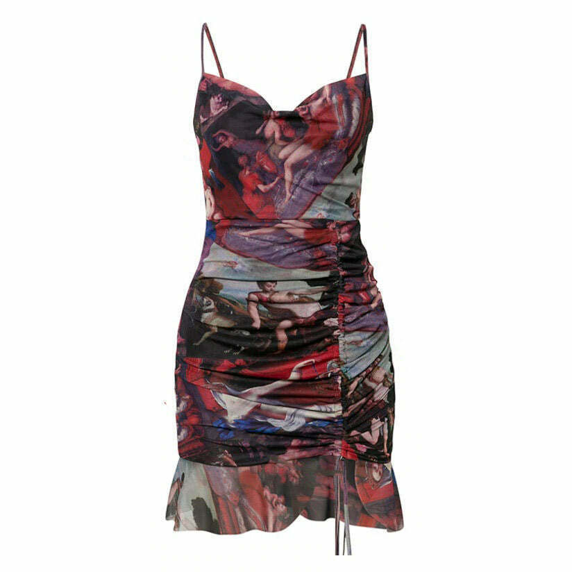 Trendy Angel Print Mini Dress - Y2K Grunge Style for a Chic Vintage Look