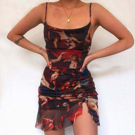 Trendy Angel Print Mini Dress - Y2K Grunge Style for a Chic Vintage Look