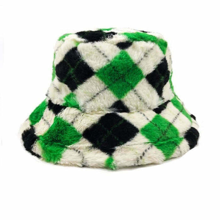 Trendy Argyle Check Fluffy Bucket Hat for Y2K Style Outfits - Must-Have Fashion Accessory