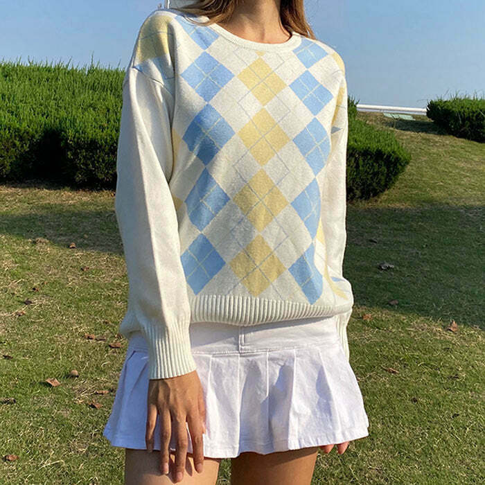 Trendy Argyle Check Pullover - Y2K Style Graphics for a Chic Grunge Look