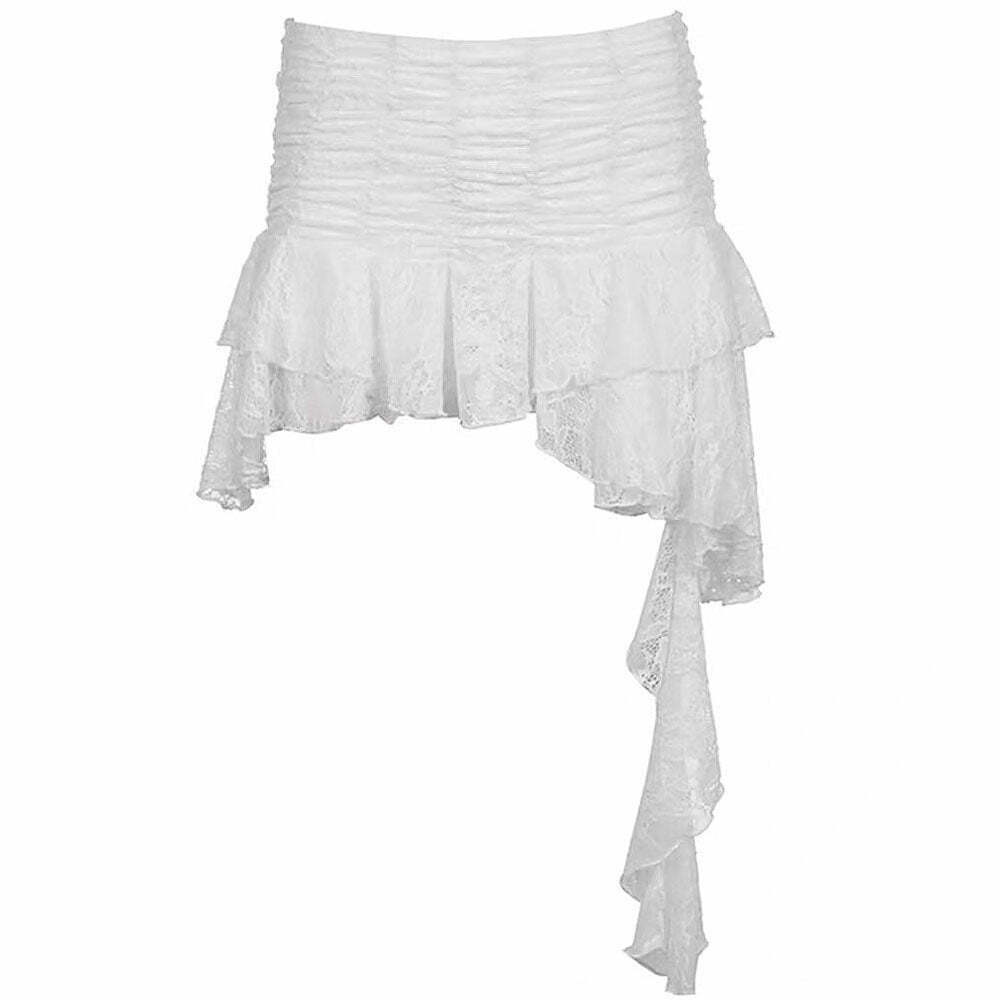 Trendy Asymmetrical White Lace Skirt for Iconic Y2K Fashion and Stylish Outfits