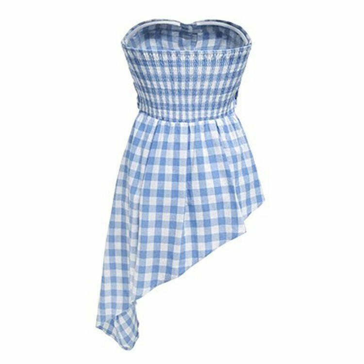 Trendy Baby Blue Plaid Off Shoulder Shirt - Y2K Style Women's Fashion & Grunge Outfits