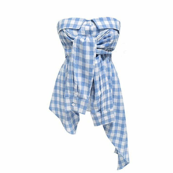 Trendy Baby Blue Plaid Off Shoulder Shirt - Y2K Style Women's Fashion & Grunge Outfits