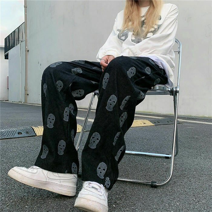 Trendy Balaclava Print Wide Leg Pants for Y2K Fashion Enthusiasts and Stylish Outfits