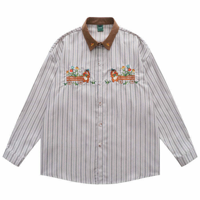 Trendy Bear Embroidery Striped Shirt - Y2K Fashion Essential for Modern Style Enthusiasts