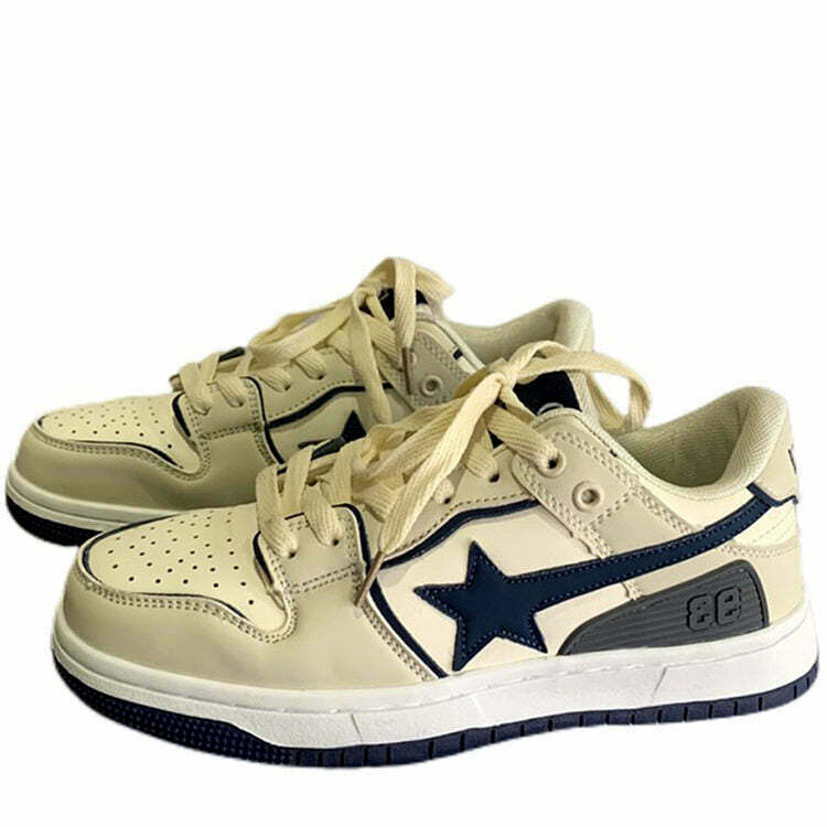 Trendy Beige & Navy Shooting Star Sneakers for Y2K Style and Grunge Outfits