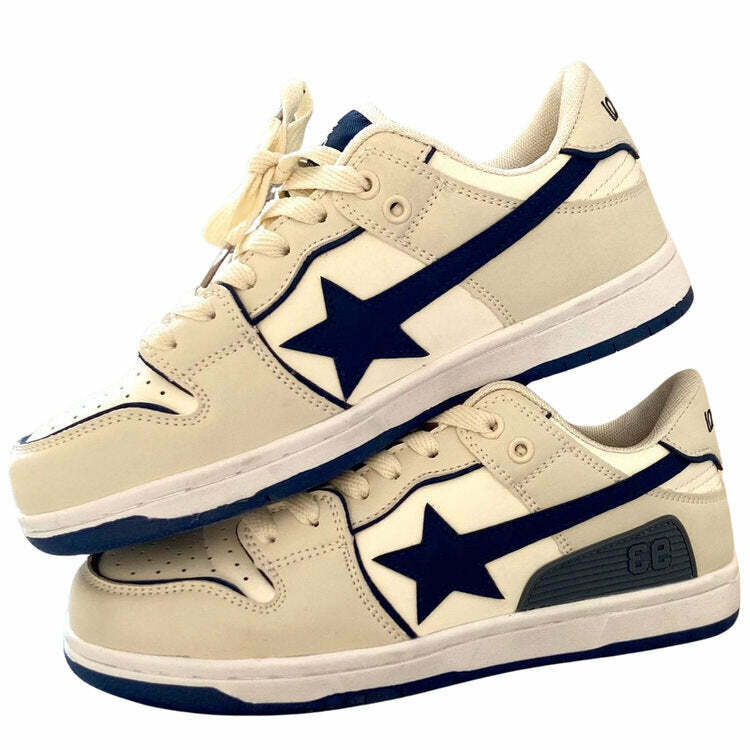 Trendy Beige & Navy Shooting Star Sneakers for Y2K Style and Grunge Outfits