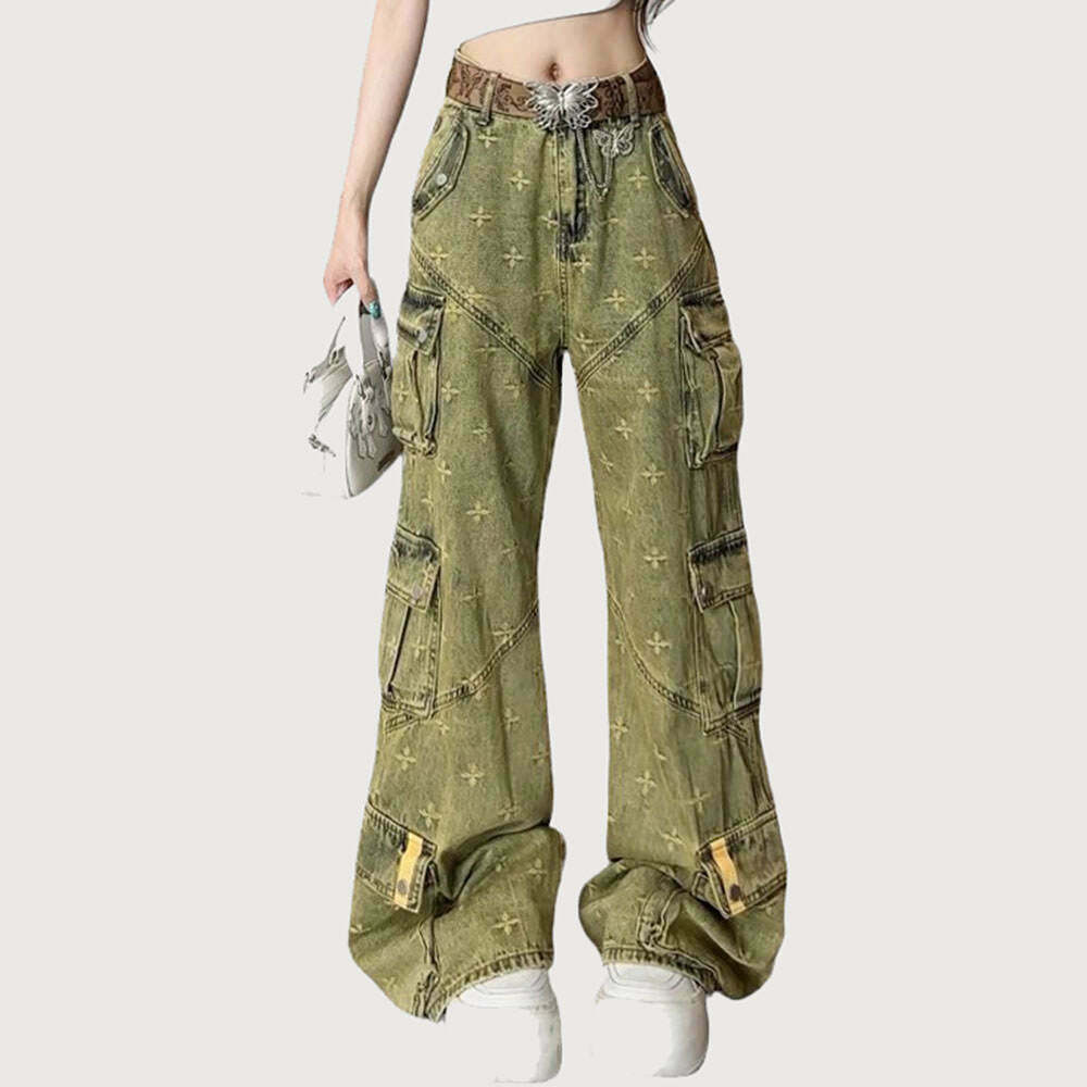 Trendy Big Ideas Orange Pastel Y2K Baggy Cargo Pants with Multi Pockets & Embroidery