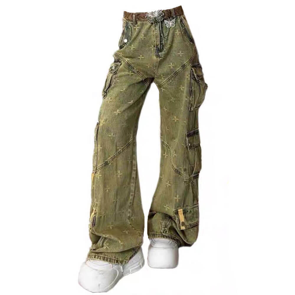 Trendy Big Ideas Orange Pastel Y2K Baggy Cargo Pants with Multi Pockets & Embroidery