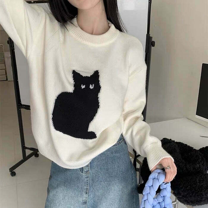 Trendy Black Cat Aesthetic Sweater for Y2K and Grunge Fashion Lovers