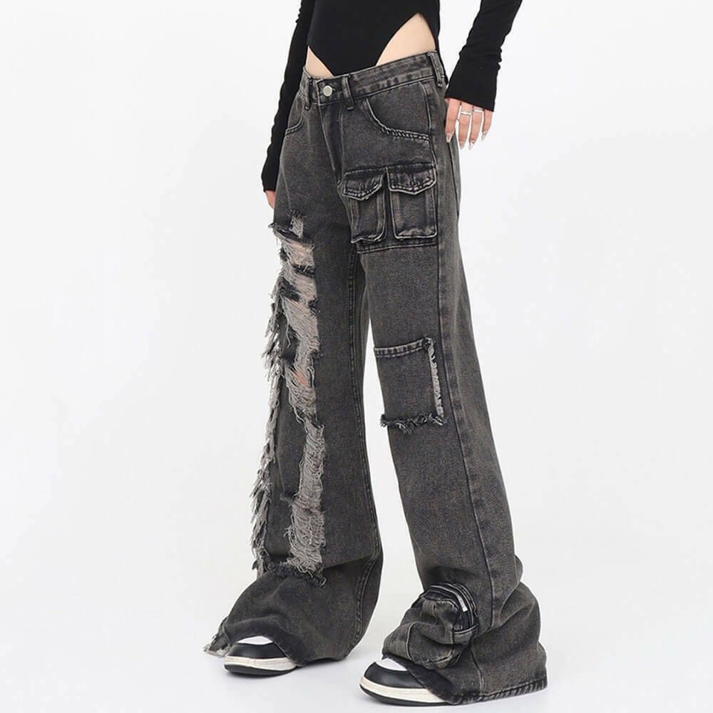 Trendy Black Grunge Ripped Jeans for Y2K Style - Perfect for Korean Fashion Lovers