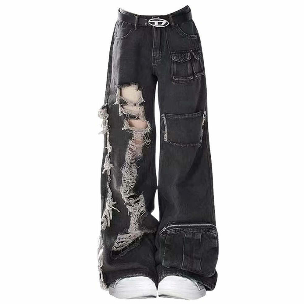 Trendy Black Grunge Ripped Jeans for Y2K Style - Perfect for Korean Fashion Lovers