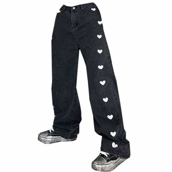 Trendy Black Hearts Jeans for Y2K Fashion: Grunge Style for Men and Women in 2024