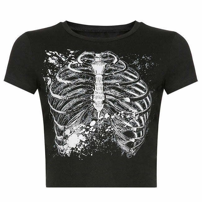 Trendy Black Skeleton Crop Top for Y2K Fashion Lovers - Perfect for Grunge and Casual Styles